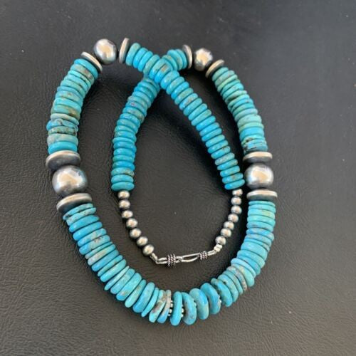 Navajo Blue Turquoise Sterling Silver Necklace Graduated 22" 13399