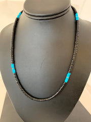 Men's Blue Turquoise Heishi Onyx Necklace Navajo | Sterling Silver | Authentic Native American Handmade | 8823