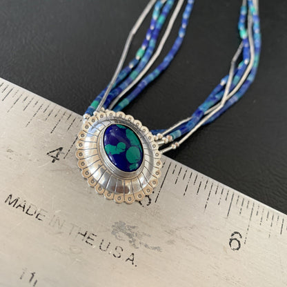 Blue Azurite Pendant Stabilized Heishi 5 Stands Sterling Silver Necklace 10353