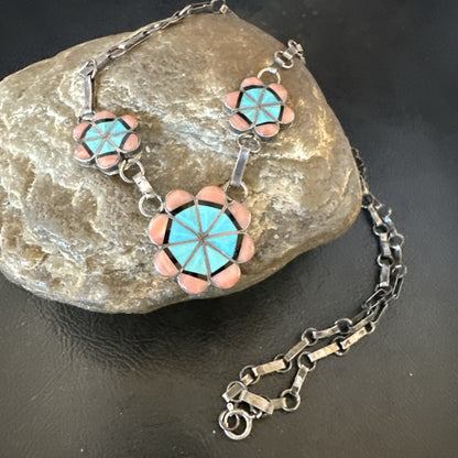 Pink Coral Turquoise Pendant Zuni Sterling Silver Old Pawn Necklace 22" 19143