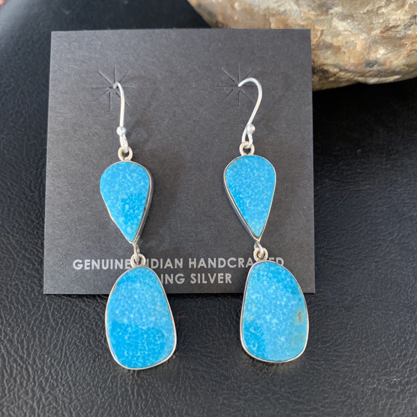 Kingman Turquoise Navajo Sterling Silver Dangle Earrings 1.5" 14014
