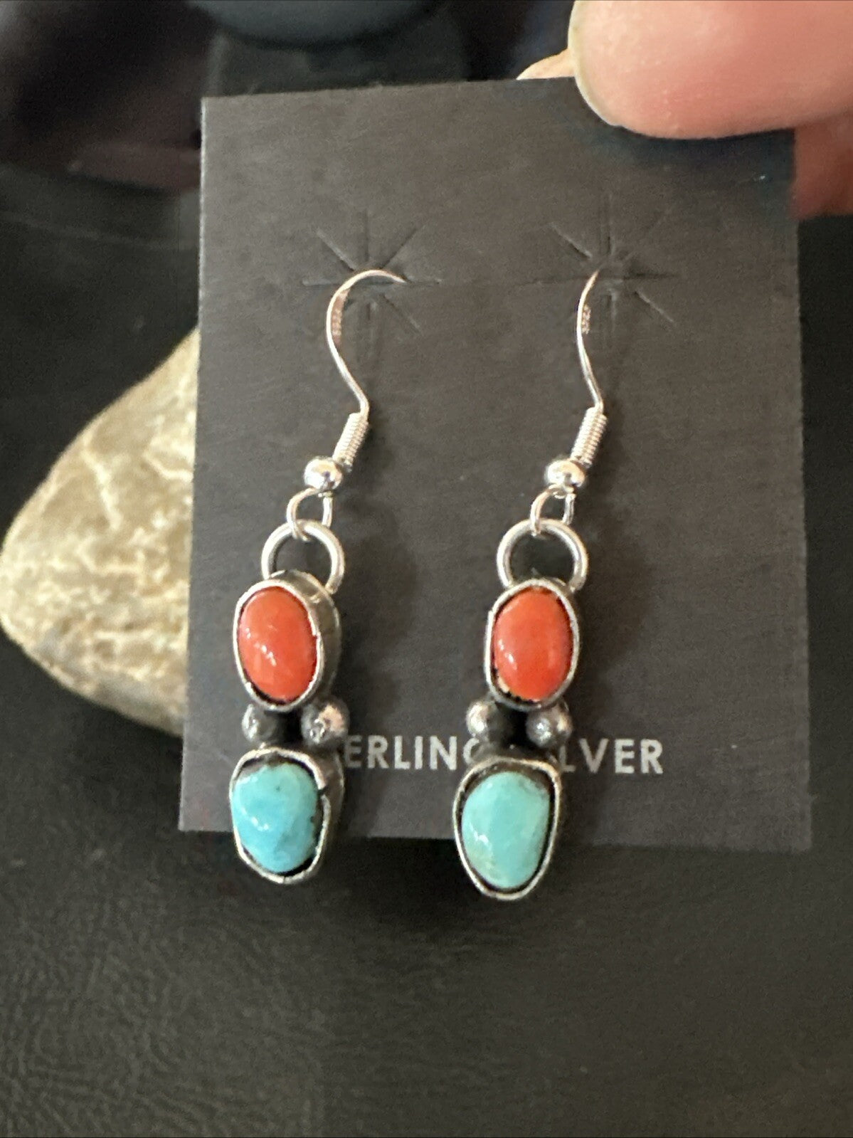Handmade Blue Turquoise Red Coral Sterling Silver Navajo Dangle Earrings 18846