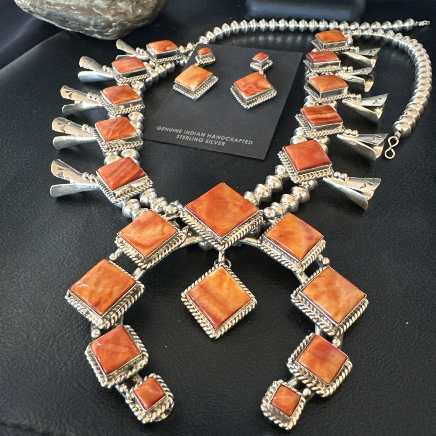 Orange Spiny Oyster Sterling Silver Squash Blossom Necklace 26" Earrings 19074