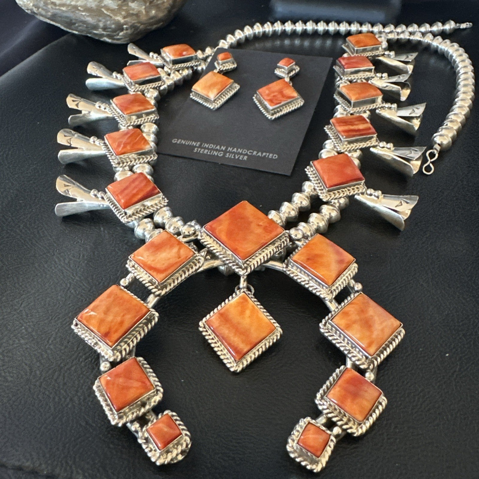 Orange Spiny Oyster Sterling Silver Squash Blossom Necklace 26" Earrings 19074