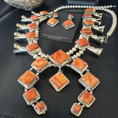 Orange Spiny Oyster Sterling Silver Squash Blossom Necklace 26" Earrings 19074