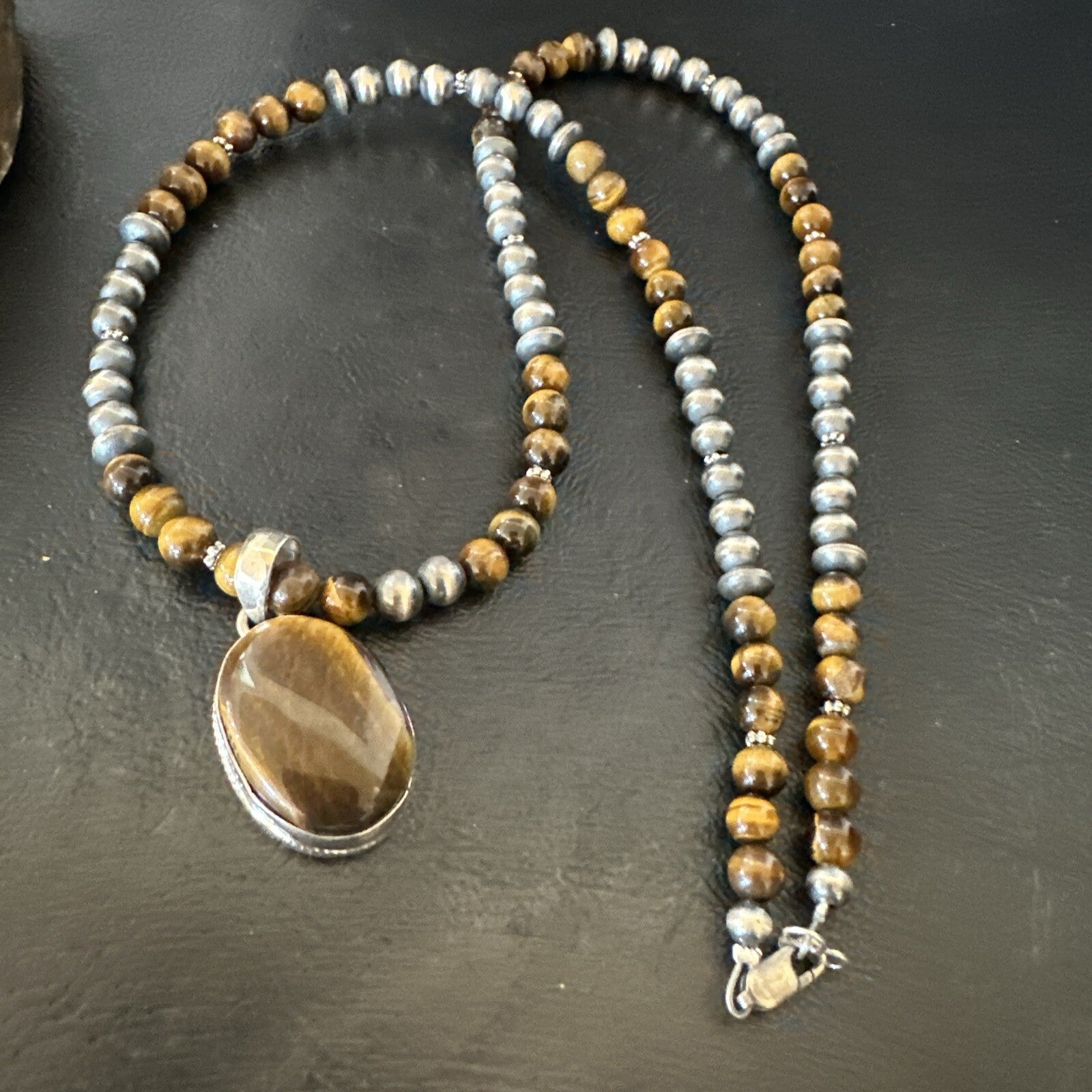 Coffee Brown Tigers Eye Sterling Silver Pendant Necklace Southwestern 18288