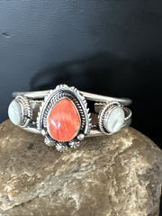 Red Spiny Oyster White MOP Navajo Cuff Bracelet | Sterling Silver | Authentic Native American Handmade | 17705