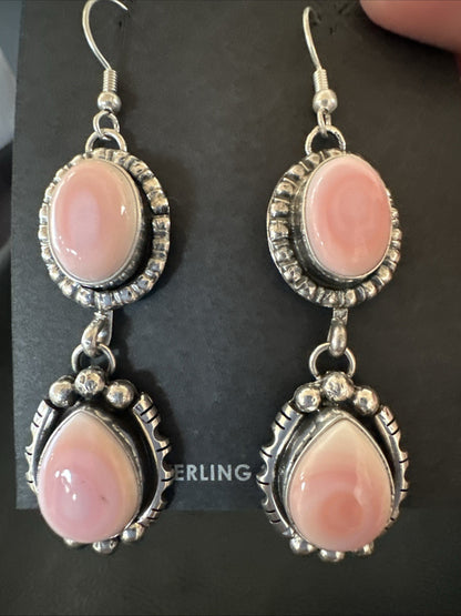 Yazzie Pink Queen Conch Navajo Sterling Silver Dangle Earrings 19321