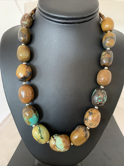 Green Chunky Turquoise Graduated Navajo Sterling Silver Necklace 20" 02113