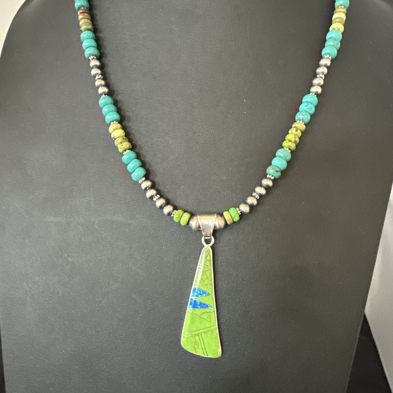 Blue Green Turquoise  Gaspeite Pendant Navajo Sterling Silver Necklace 19665
