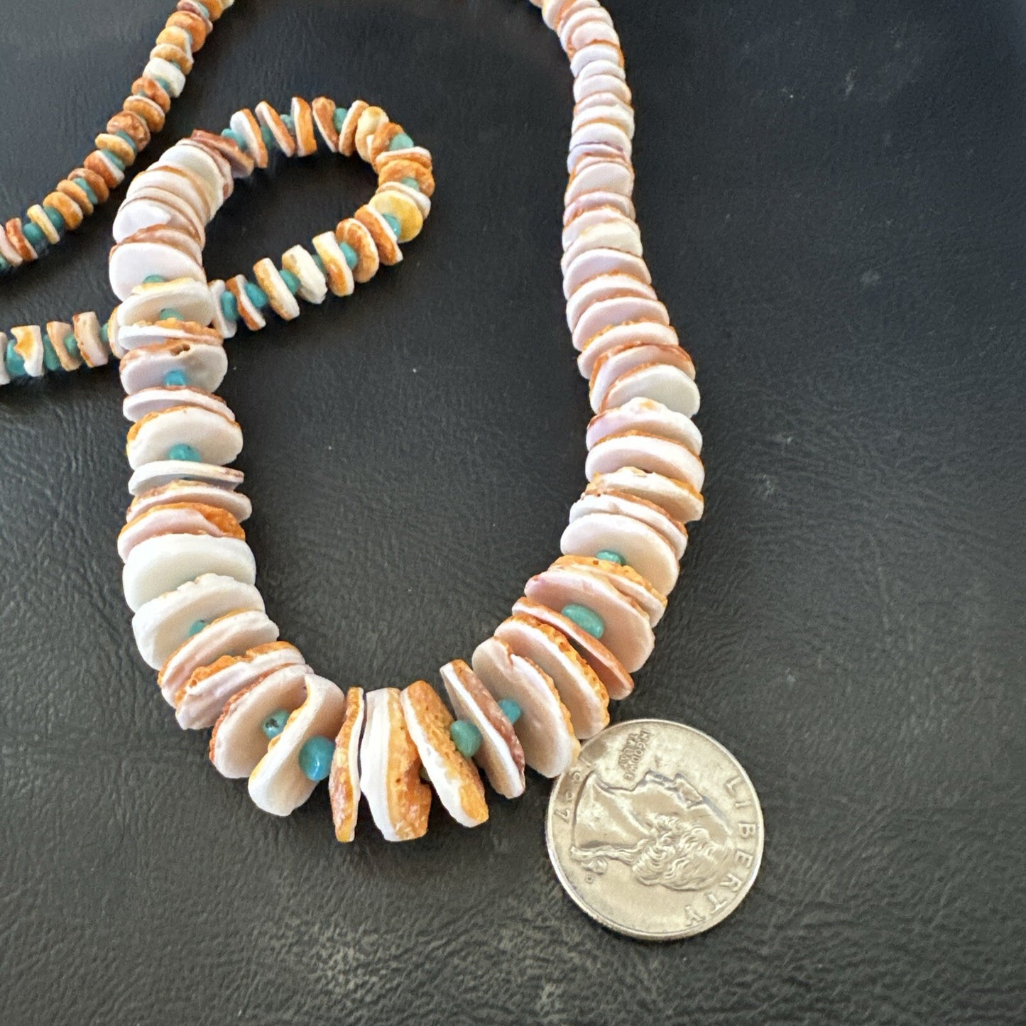 Blue Turquoise Orange Spiny Oyster Santo Domingo Necklace 30” 17754