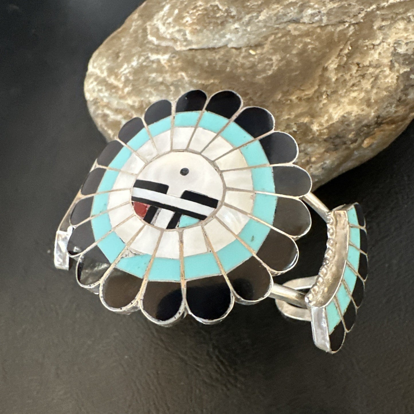 Old Pawn Sunface Turquoise Zuni Sterling Silver Onyx Bracelet 6.75” 19128