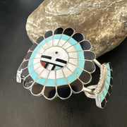 Old Pawn Sunface Turquoise Zuni Onyx Bracelet 6.75" | Sterling Silver | Authentic Native American Handmade | 19128