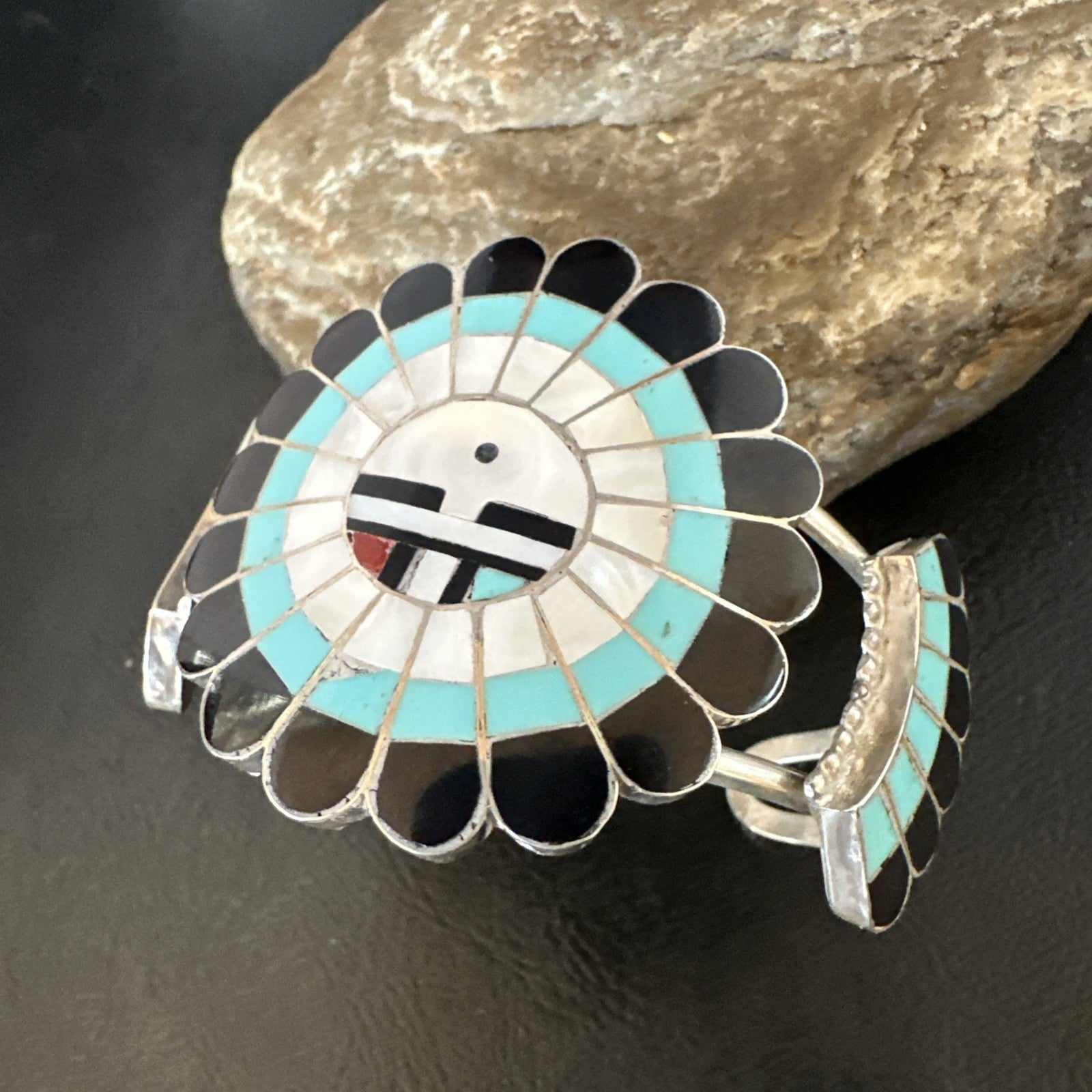 Old Pawn Sunface Turquoise Zuni Sterling Silver Onyx Bracelet 6.75” 19128