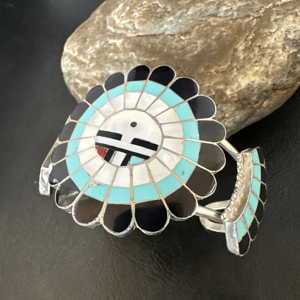 Old Pawn Sunface Turquoise Zuni Onyx Bracelet 6.75" | Sterling Silver | Authentic Native American Handmade | 19128