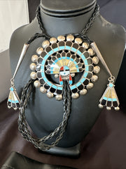 Men's Bolo Tie Zuni Sunface Kingman Turquoise Onyx Inlay | Sterling Silver | Authentic Native American Handmade | 18142