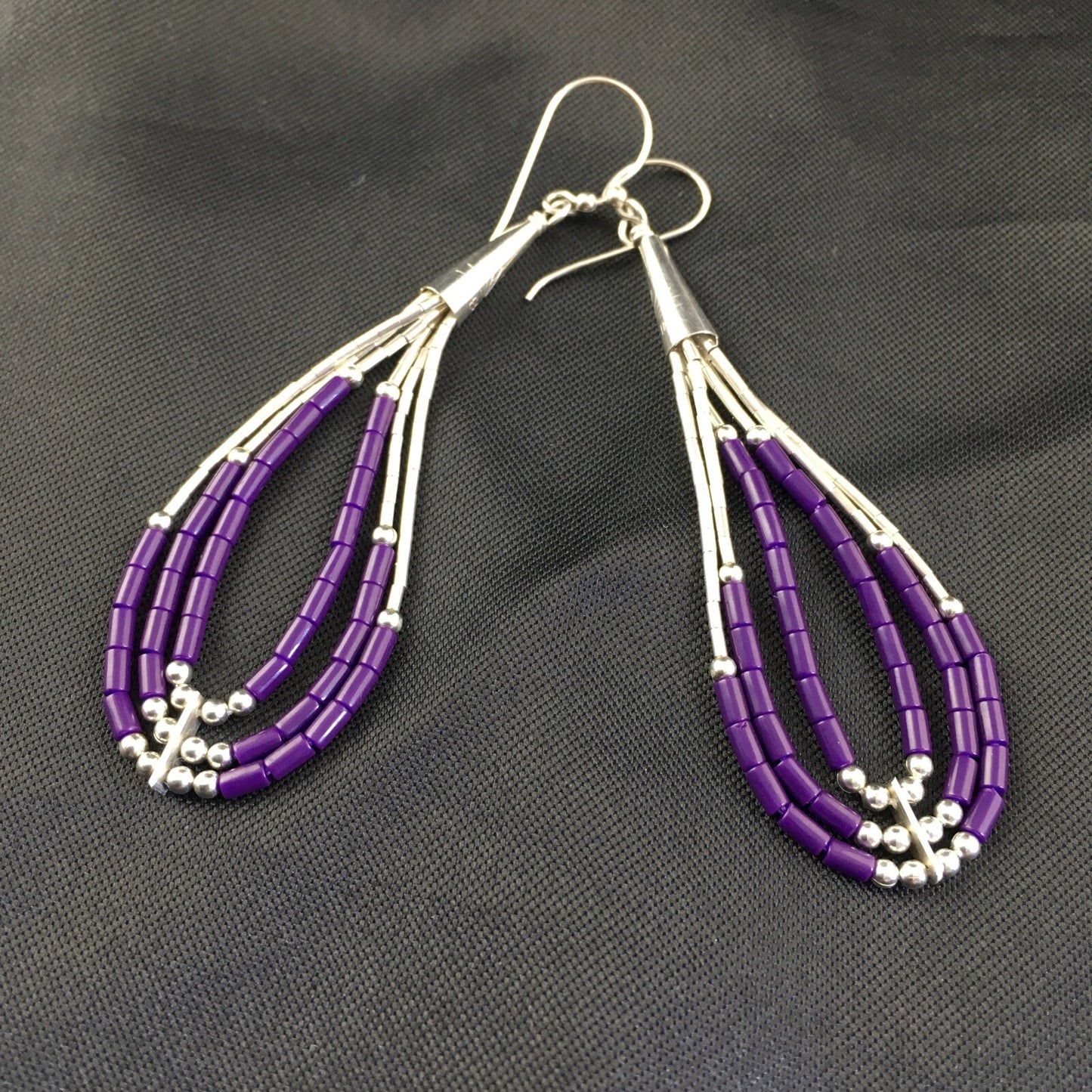 Purple Stone 3 Strands Heishi Liquid Sterling Silver Dangle Earrings 1989