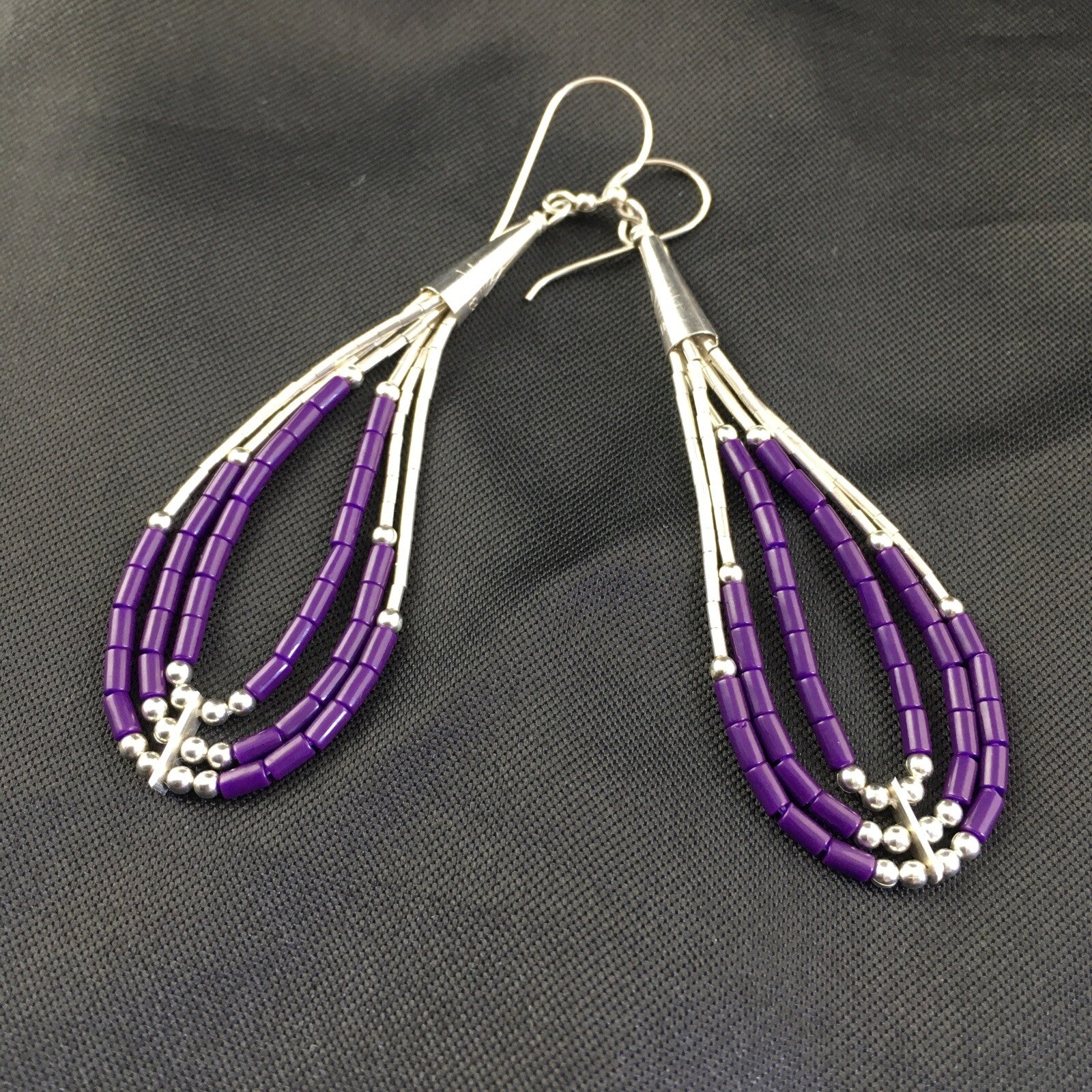 Purple Stone 3 Strands Heishi Liquid Sterling Silver Dangle Earrings 1989