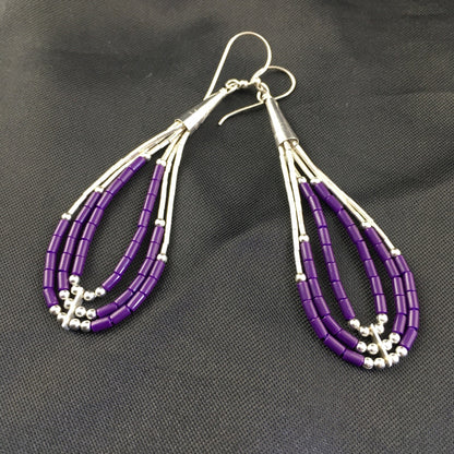 Purple Stone 3 Strands Heishi Liquid Sterling Silver Dangle Earrings 1989