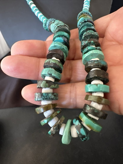 Navajo Blue Turquoise Shell Heishi Sterling Silver Bead 25” Necklace 17853