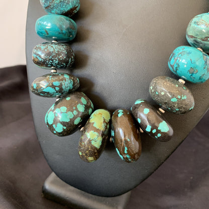 Blue Turquoise Chunky Graduated Navajo Sterling Silver Beads Necklace 11381