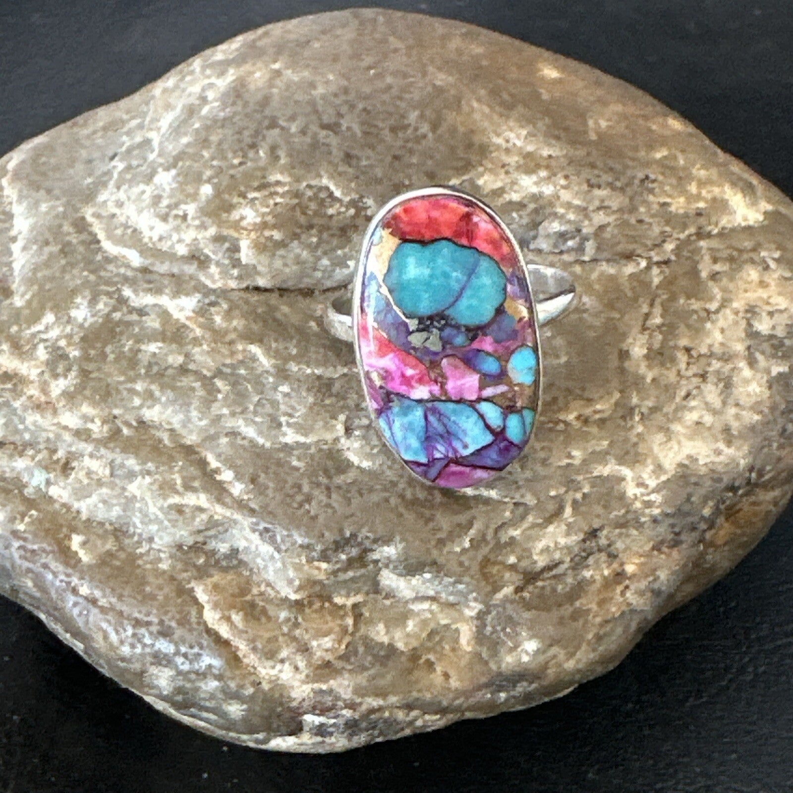 Blue Turquoise Spiny Oyster Southwestern Sterling Silver Ring Size 11 18450