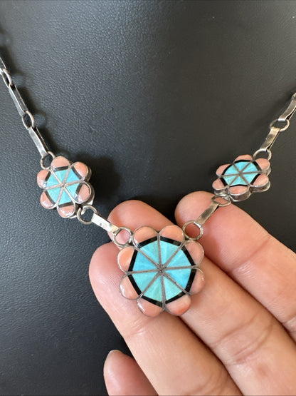 Pink Coral Turquoise Pendant Zuni Sterling Silver Old Pawn Necklace 22" 19143