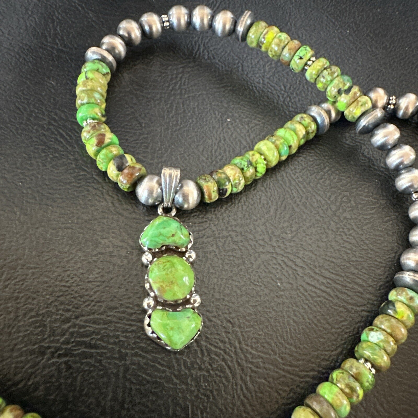 Womens Green Gaspeite Turquoise Pendant Navajo Sterling Silver Necklace 18388