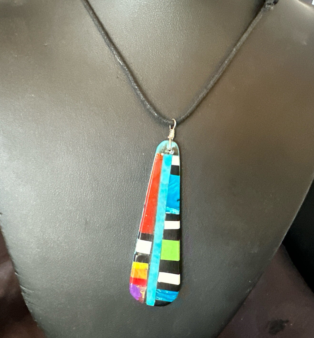 Santo Domingo Turquoise Spiny Adjustable Cord Necklace Inlay Pendant 3” 18476