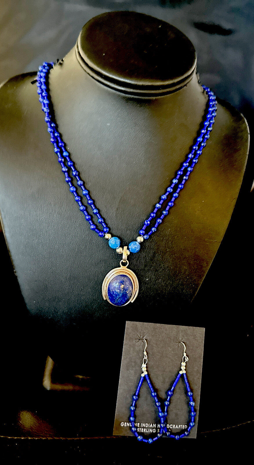 Sterling Silver Navajo Blue Lapis Mens Pendant Necklace Earrings 22” 15539