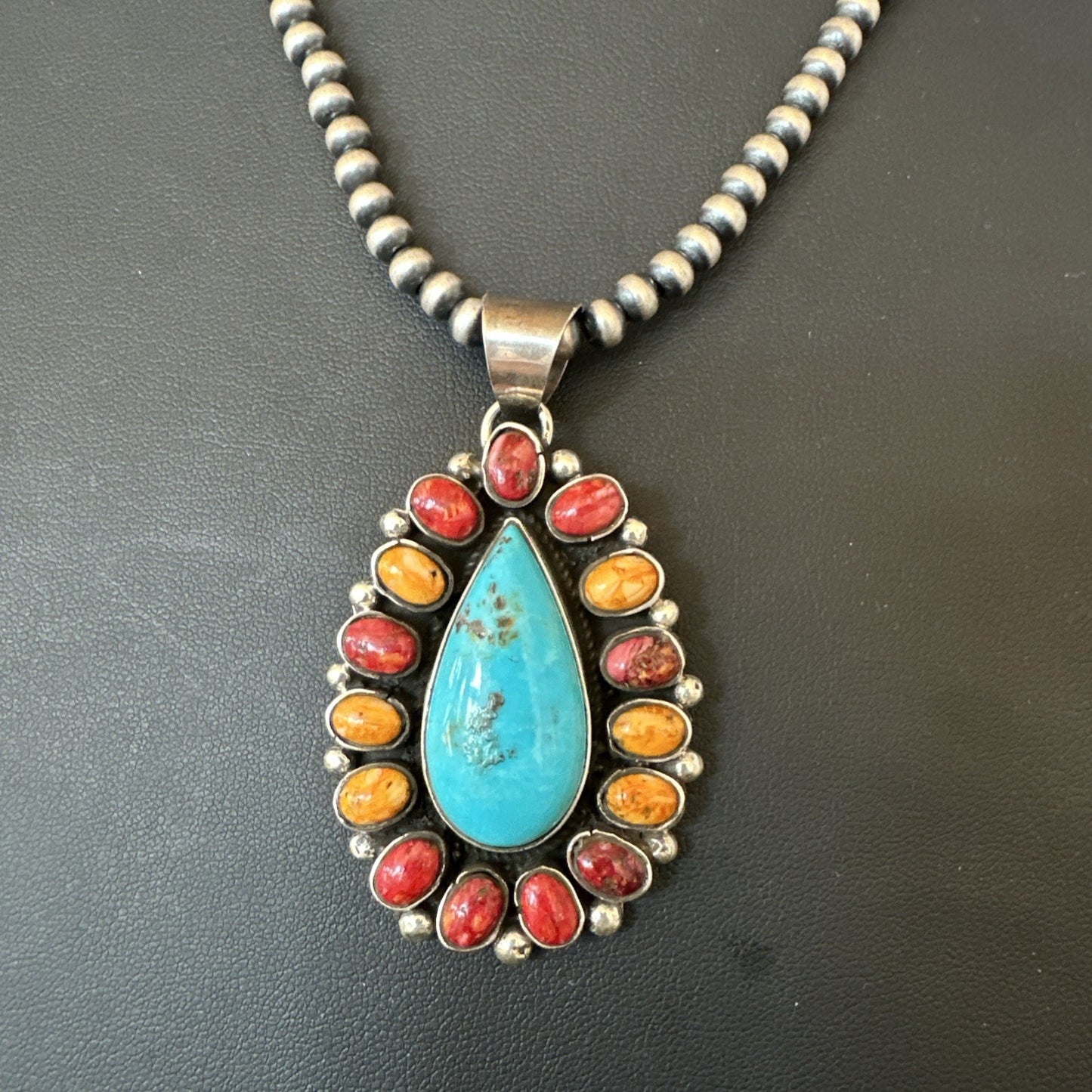 Multicolor Turquoise Spiny Navajo Sterling Silver Cluster Pendant Necklace 19560