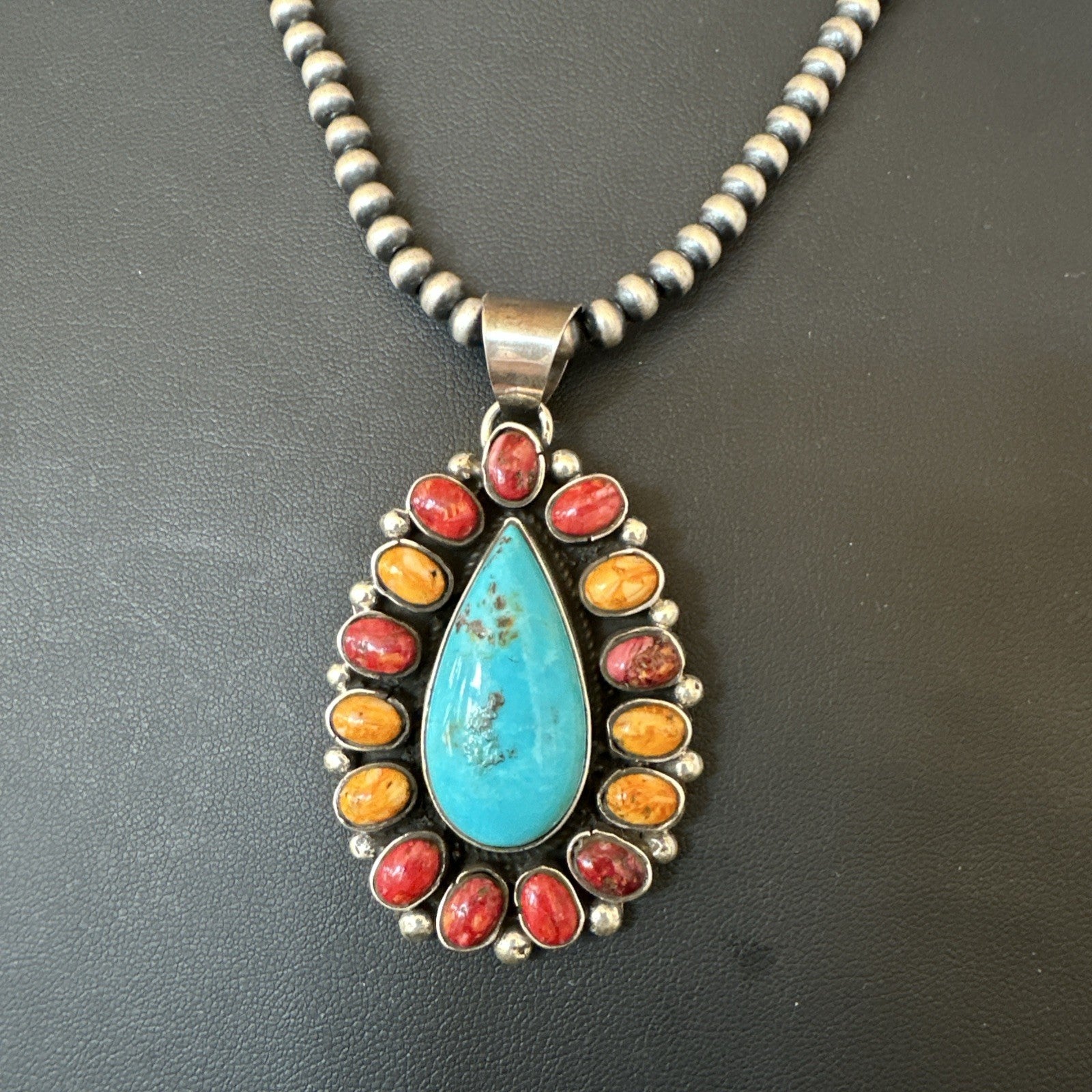 Multicolor Turquoise Spiny Navajo Sterling Silver Cluster Pendant Necklace 19560
