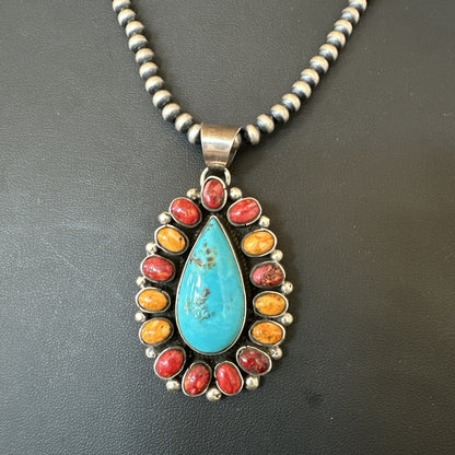 Multicolor Turquoise Spiny Navajo Sterling Silver Cluster Pendant Necklace 19560
