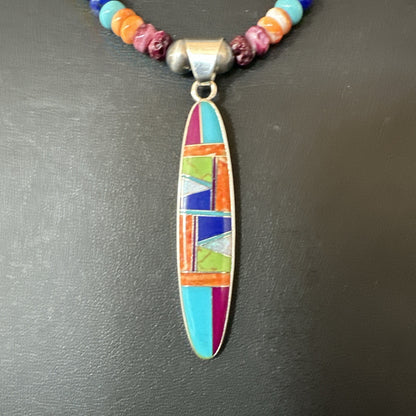 Multicolor Turquoise Spiny Navajo Sterling Silver Inlay Pendant Necklace 19643