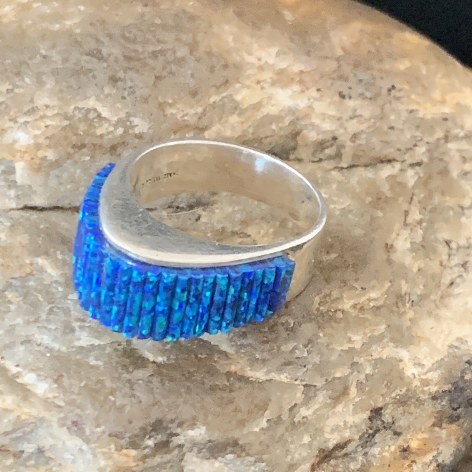 Blue Opal Navajo Sterling Silver Band Inlay Ring Size 9 18798