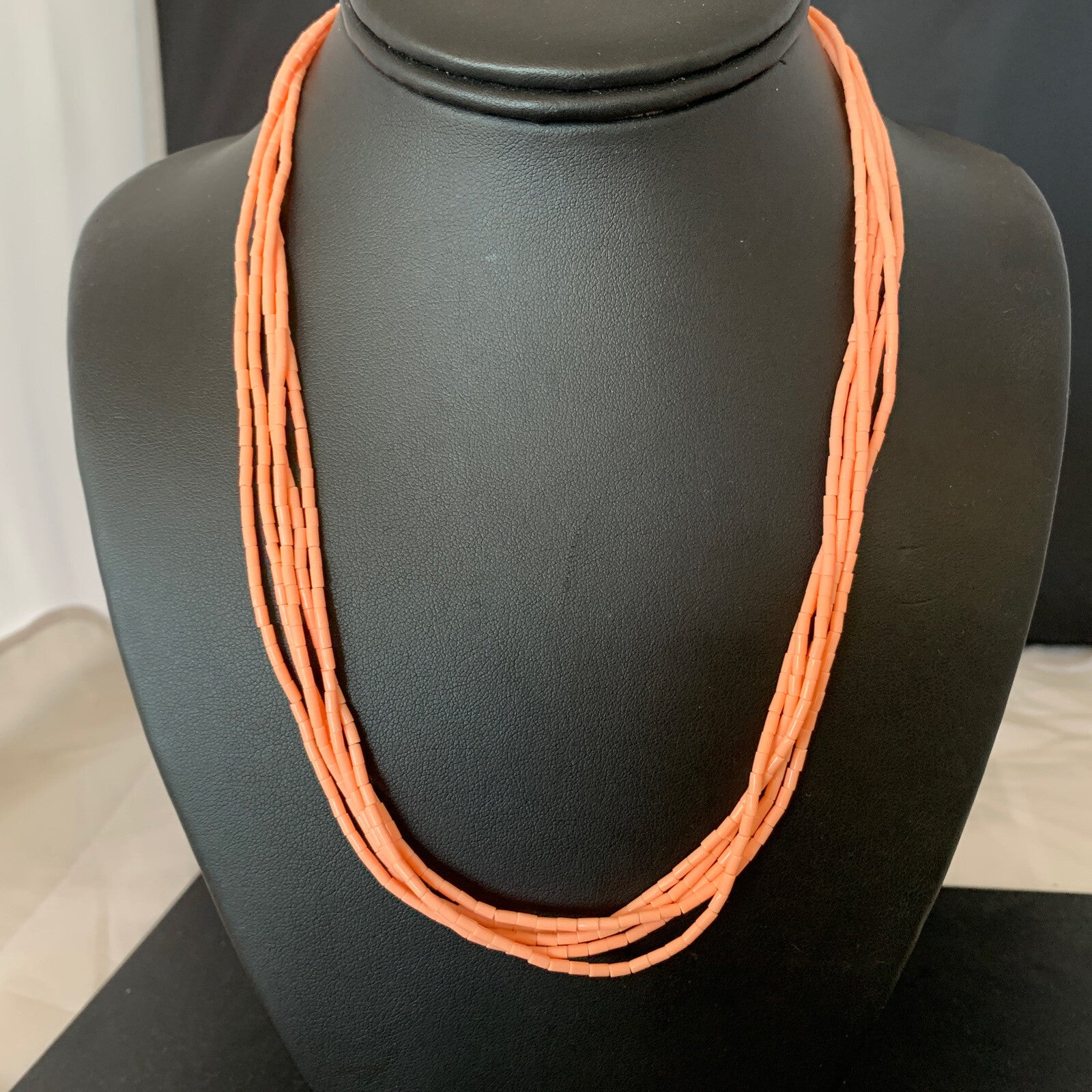 Pink Coral Stabilized Bead 5 Strand Navajo Sterling Silver Necklace 02208