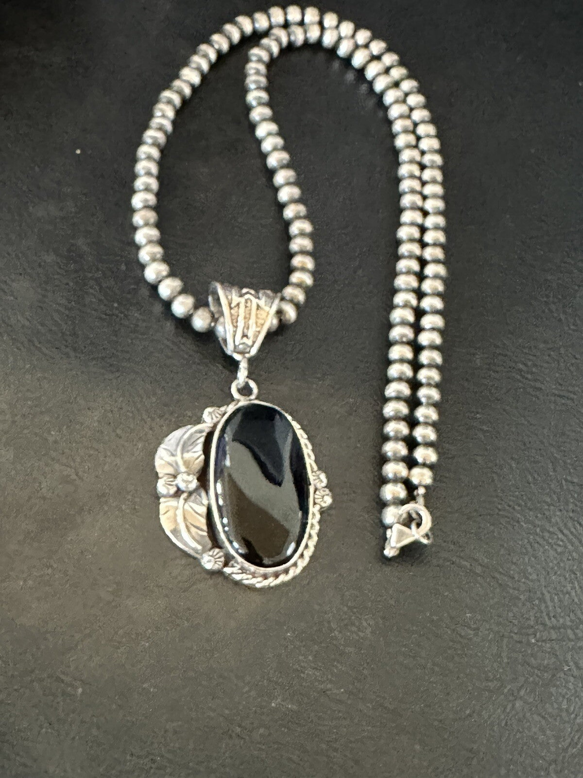 Mens Womens Black Onyx Pendant Navajo Sterling Silver Beads Necklace 18314