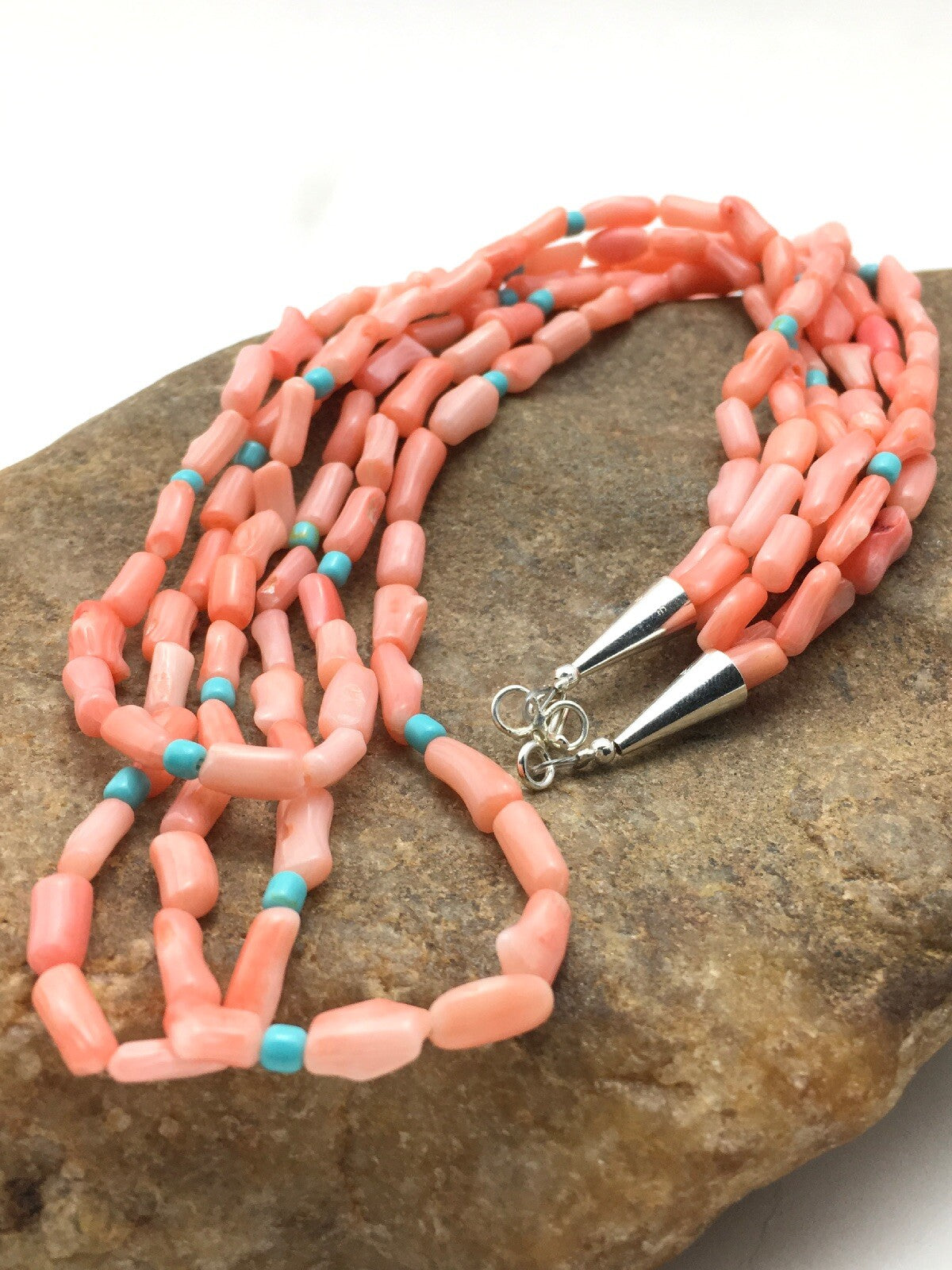 Turquoise & Pink Coral Southwestern Sterling Silver 3 Strand Necklace 04389