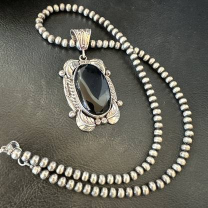 Mens Womens Black Onyx Pendant Navajo Sterling Silver Beads Necklace 18298