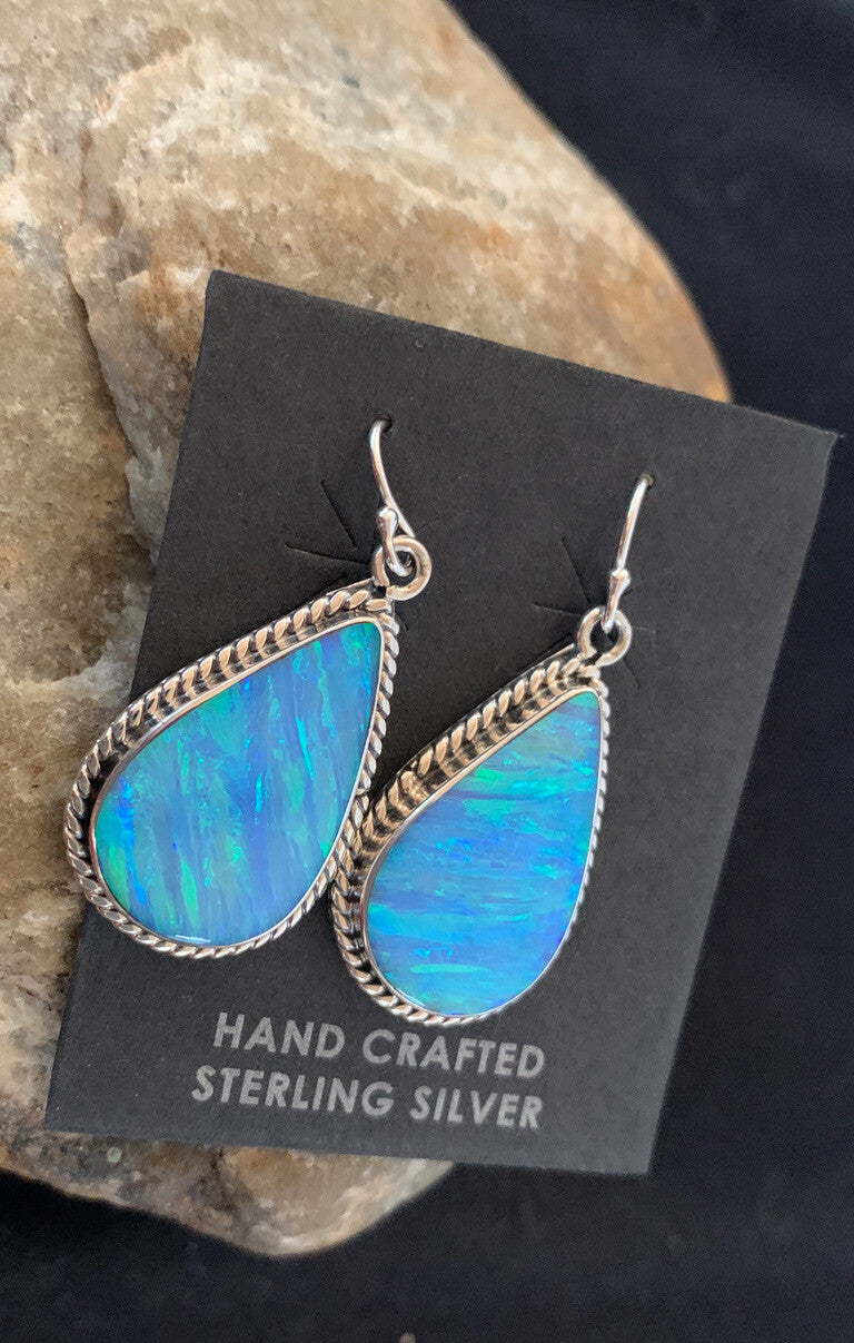 Native American Womens Navajo Sterling Silver Blue Opal Earrings 00471