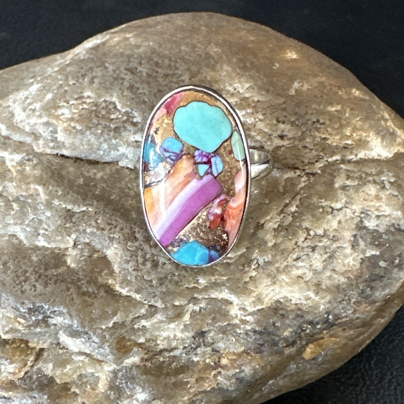 Blue Turquoise Spiny Oyster Navajo Sterling Silver Ring Size 8 18234