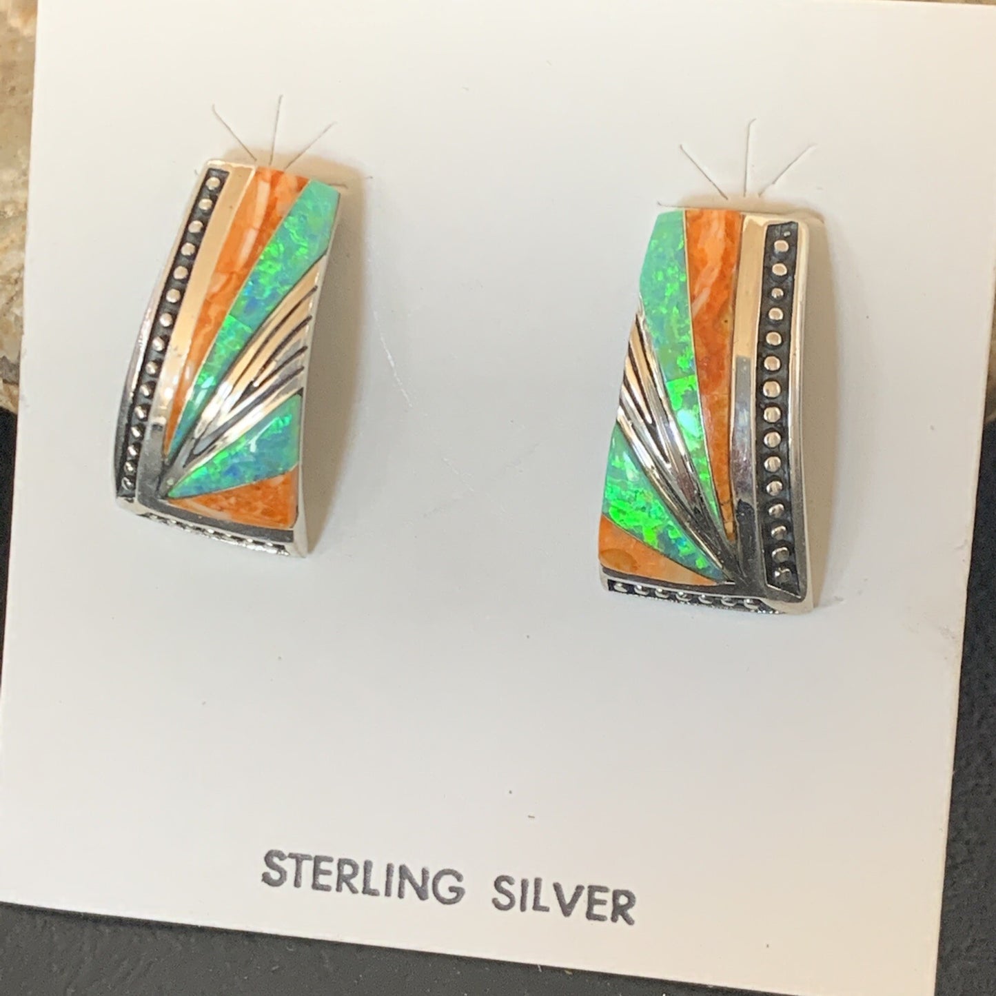 Navajo Blue Opal Oran Spiny Oyster Inlay Sterling Silver Earrings 12118