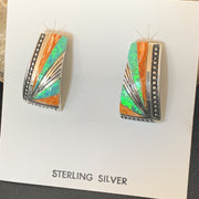 Navajo Blue Opal Oval Spiny Oyster Inlay Earrings | Sterling Silver | Authentic Native American Handmade | 12118