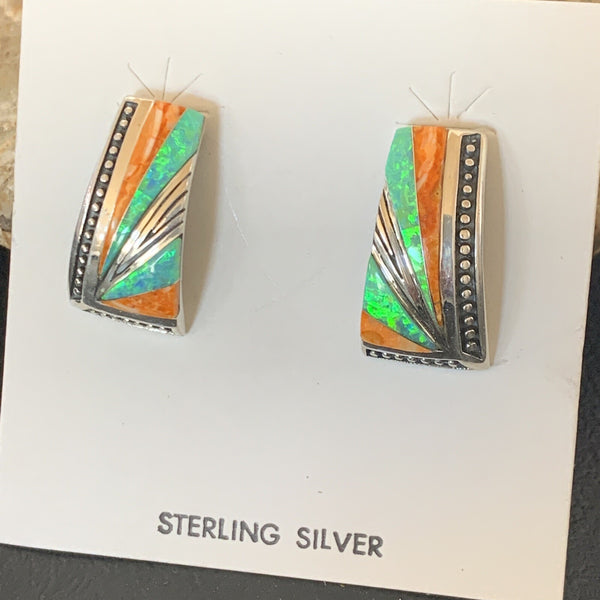 Navajo Blue Opal Oval Spiny Oyster Inlay Earrings | Sterling Silver | Authentic Native American Handmade | 12118