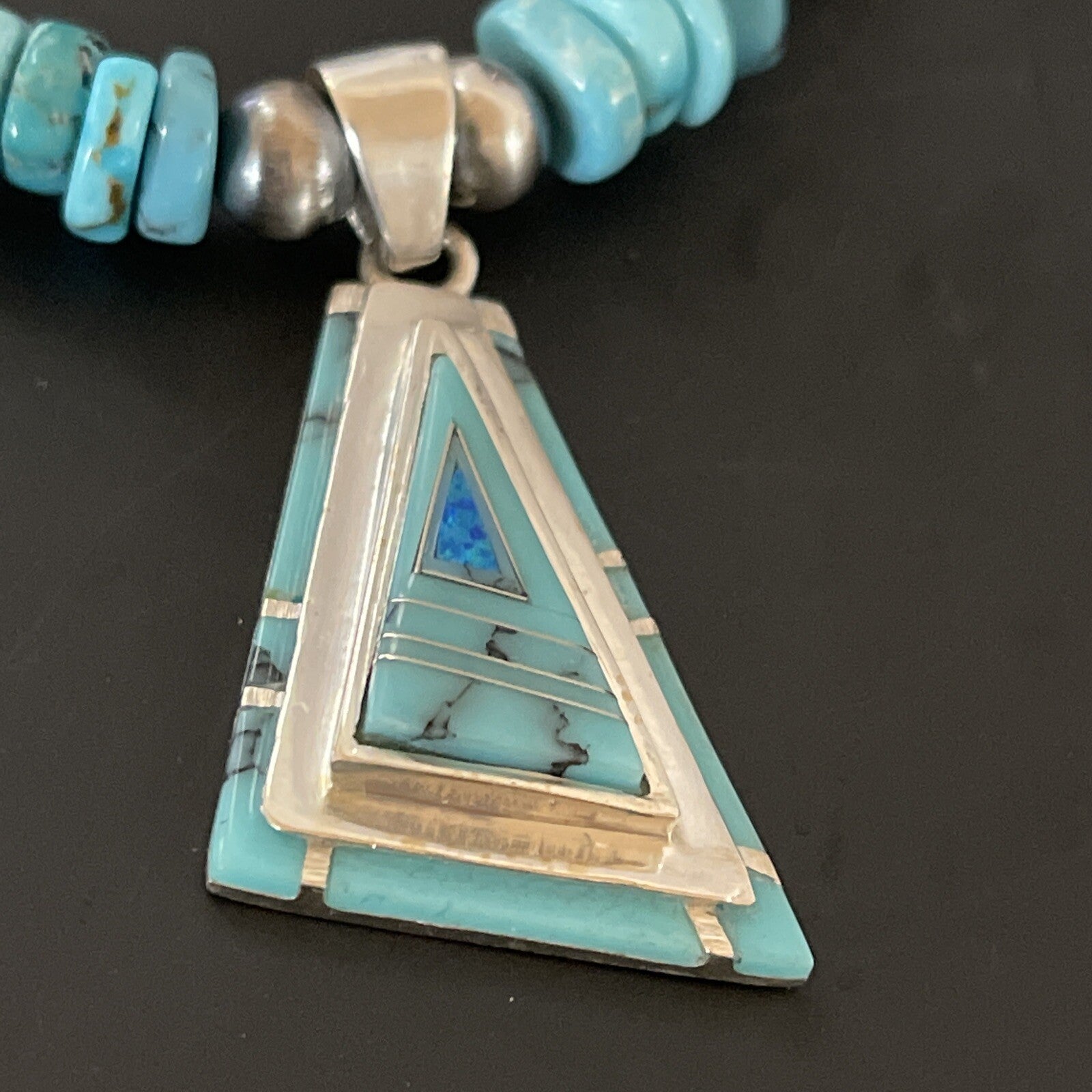 Turquoise & Opal Inlay Pendant Navajo Pearls Sterling Silver Necklace 11330