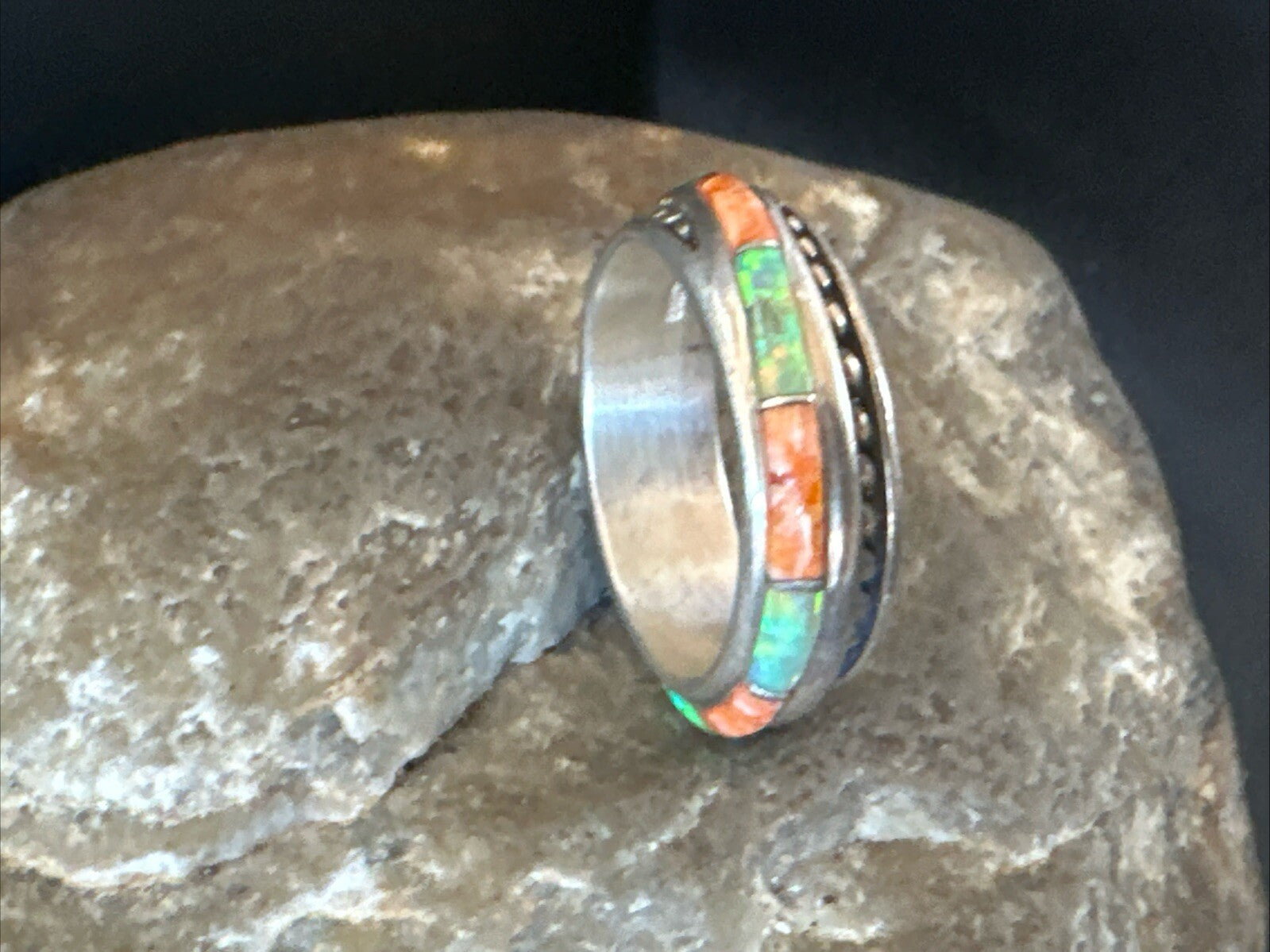 Green Opal Orange Spiny Navajo Sterling Silver Band Inlay Ring Size 9 18811