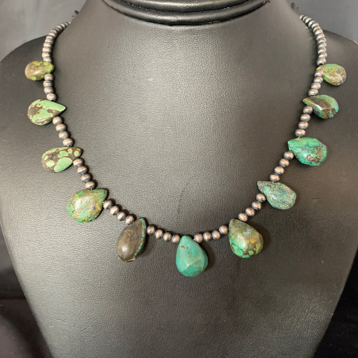 Green Turquoise Teardrop  Sterling Silver Beads Necklace 20" 13431