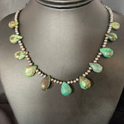 Green Turquoise Teardrop Beads Necklace 20" | Sterling Silver | Authentic Native American Handmade | 13431