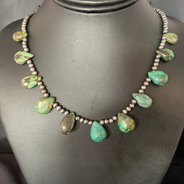 Green Turquoise Teardrop Beads Necklace 20" | Sterling Silver | Authentic Native American Handmade | 13431