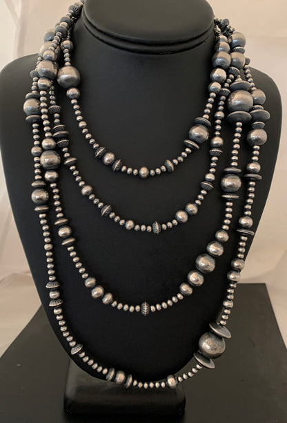 Native American Sterling Silver Navajo Pearls Mixed Beads 60" Necklace 92365